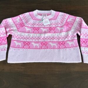 Victoria Secret PINK LoveShackFancy Boxy Sweater Tulip Fairisle Dog Bow sz S NEW